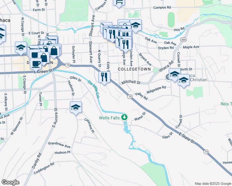 map of restaurants, bars, coffee shops, grocery stores, and more near 801 East State Street in Ithaca