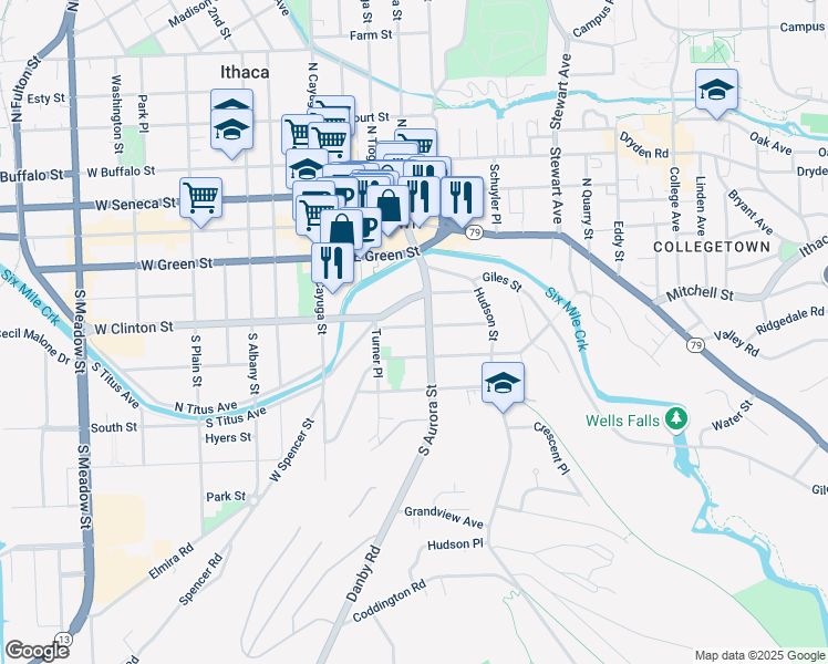 map of restaurants, bars, coffee shops, grocery stores, and more near 213 Pleasant Street in Ithaca