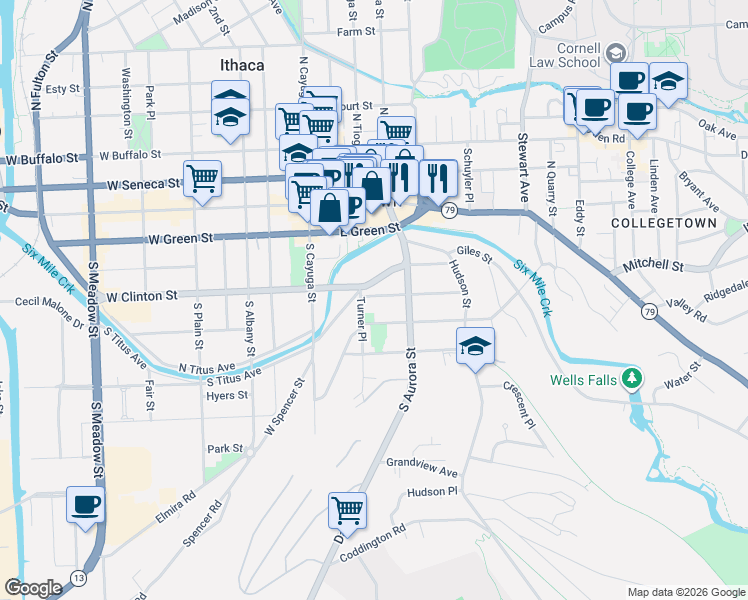 map of restaurants, bars, coffee shops, grocery stores, and more near 213 Pleasant Street in Ithaca