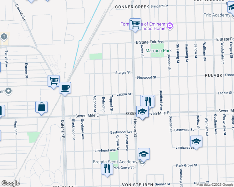 map of restaurants, bars, coffee shops, grocery stores, and more near 19307 Runyon Street in Detroit