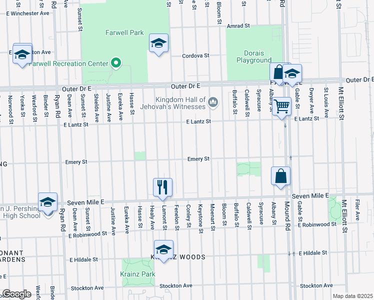 map of restaurants, bars, coffee shops, grocery stores, and more near 19339 Keystone Street in Detroit