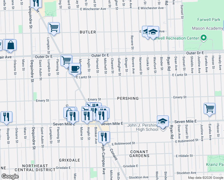 map of restaurants, bars, coffee shops, grocery stores, and more near 19363 Charest Street in Detroit