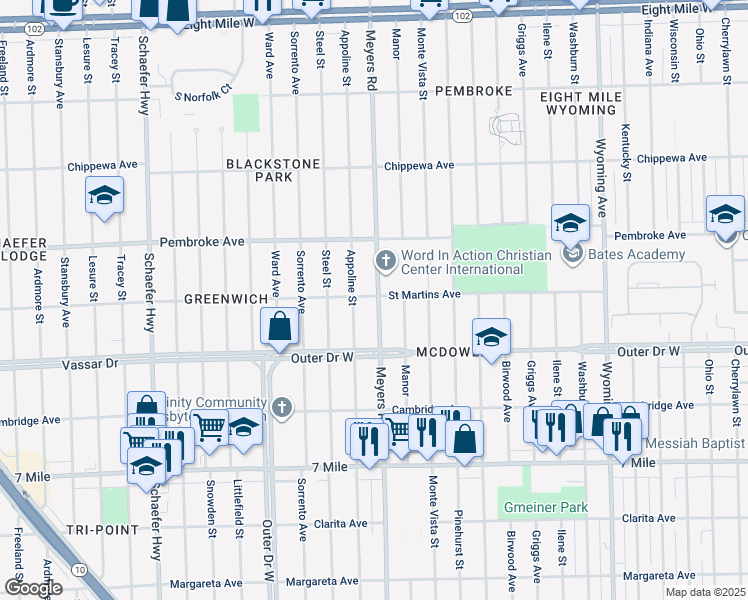 map of restaurants, bars, coffee shops, grocery stores, and more near 19504 Meyers Road in Detroit