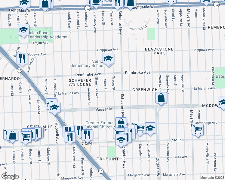 map of restaurants, bars, coffee shops, grocery stores, and more near 19701 Tracey Street in Detroit