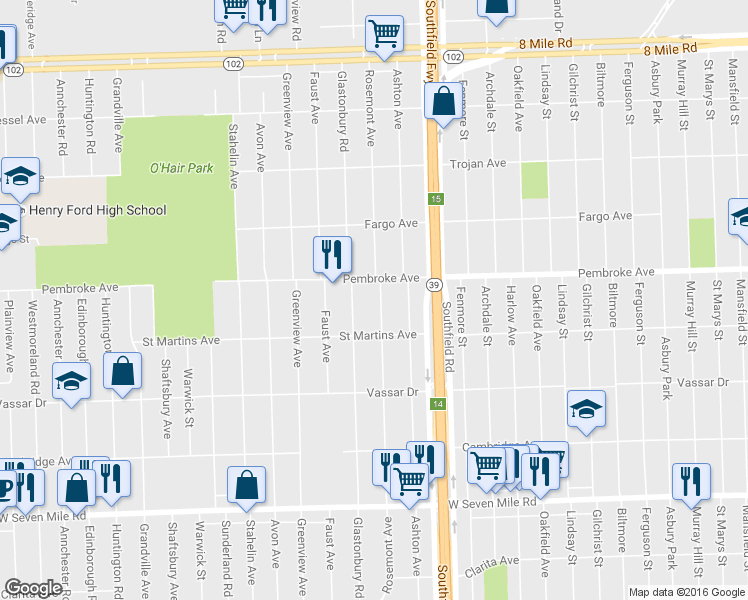 map of restaurants, bars, coffee shops, grocery stores, and more near 19782 Glastonbury Road in Detroit