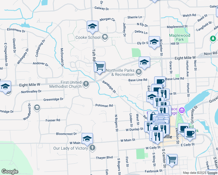 map of restaurants, bars, coffee shops, grocery stores, and more near 619 Randolph Street in Northville