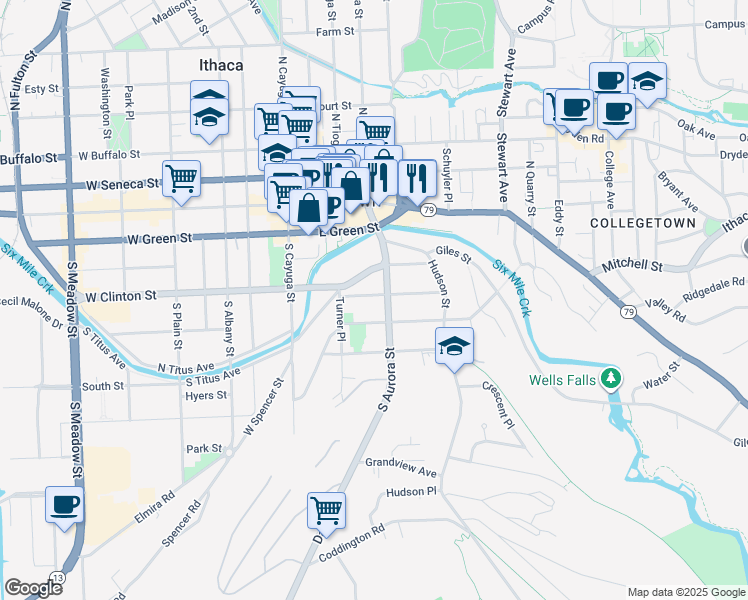 map of restaurants, bars, coffee shops, grocery stores, and more near 213 Pleasant Street in Ithaca