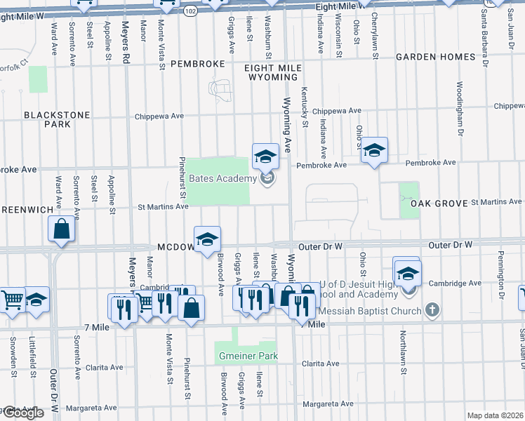 map of restaurants, bars, coffee shops, grocery stores, and more near 19500 Ilene Street in Detroit