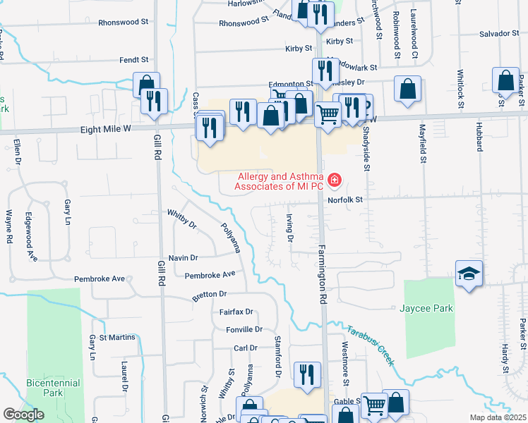 map of restaurants, bars, coffee shops, grocery stores, and more near 20147 Myron Drive in Livonia