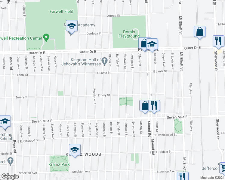 map of restaurants, bars, coffee shops, grocery stores, and more near 19330 Bloom Street in Detroit