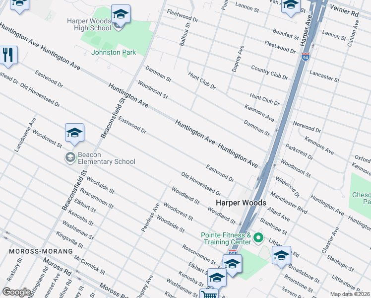 map of restaurants, bars, coffee shops, grocery stores, and more near 20235 Eastwood Drive in Harper Woods