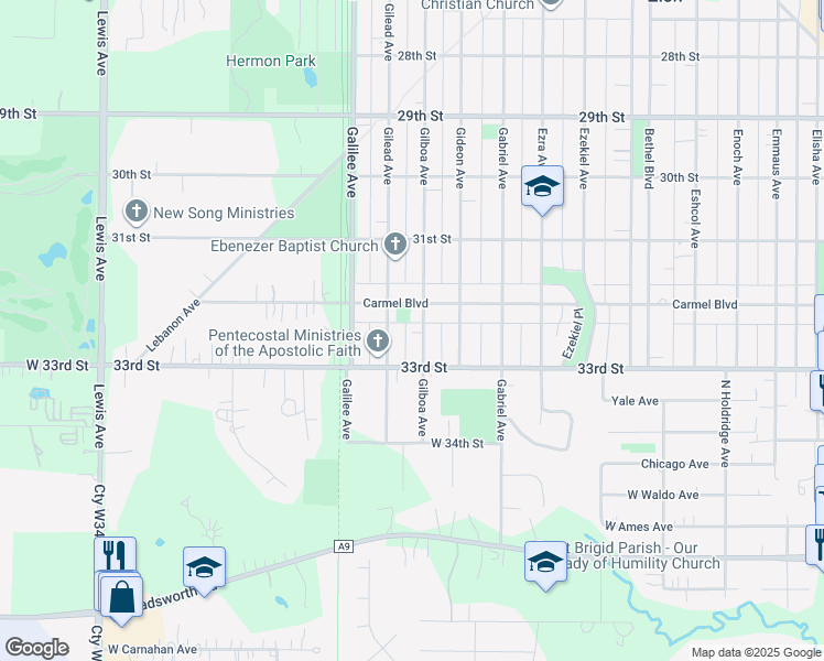 map of restaurants, bars, coffee shops, grocery stores, and more near 3216 Gilboa Avenue in Zion