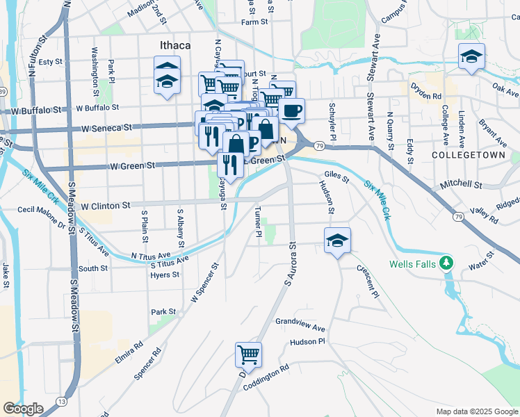 map of restaurants, bars, coffee shops, grocery stores, and more near 201 Pleasant Street in Ithaca