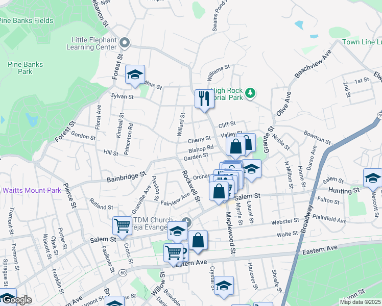 map of restaurants, bars, coffee shops, grocery stores, and more near 50 Bishop Road in Malden