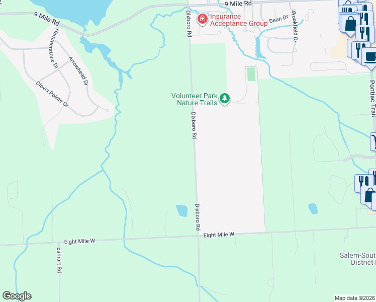 map of restaurants, bars, coffee shops, grocery stores, and more near 21323 Dixboro Road in South Lyon