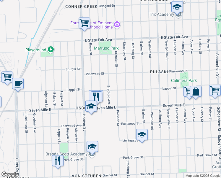 map of restaurants, bars, coffee shops, grocery stores, and more near 19302 Bradford Avenue in Detroit