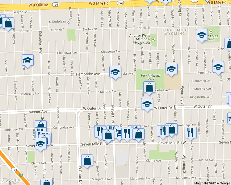 map of restaurants, bars, coffee shops, grocery stores, and more near 19504 Meyers Road in Detroit