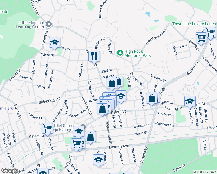 map of restaurants, bars, coffee shops, grocery stores, and more near 155 Lebanon Street in Malden