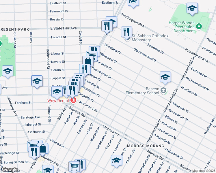 map of restaurants, bars, coffee shops, grocery stores, and more near 18784 Elkhart Street in Harper Woods