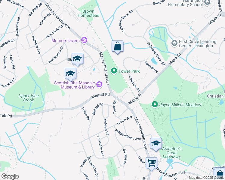 map of restaurants, bars, coffee shops, grocery stores, and more near 1155 Massachusetts Avenue in Lexington