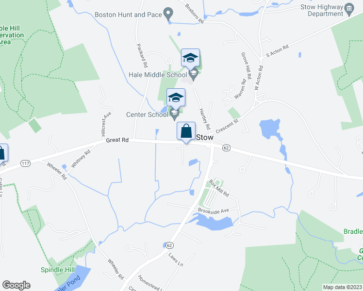 map of restaurants, bars, coffee shops, grocery stores, and more near 396 Great Road in Stow