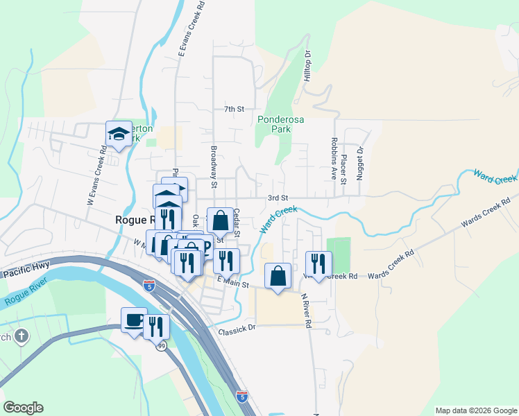 map of restaurants, bars, coffee shops, grocery stores, and more near 102 Brolin Ct in Rogue River