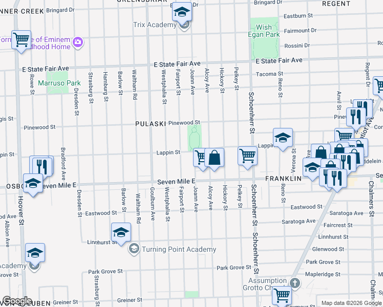 map of restaurants, bars, coffee shops, grocery stores, and more near 19215 Joann Avenue in Detroit