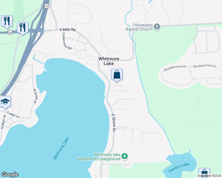 map of restaurants, bars, coffee shops, grocery stores, and more near 11445 East Shore Drive in Whitmore Lake