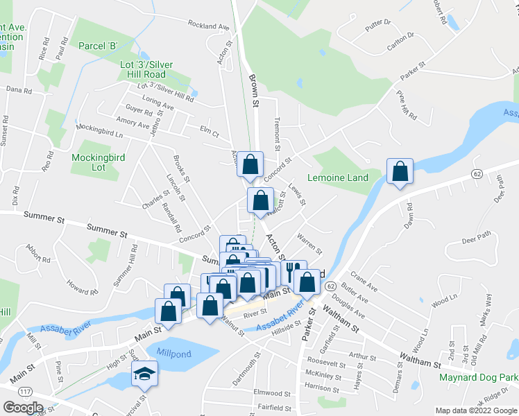 map of restaurants, bars, coffee shops, grocery stores, and more near 59 Acton Street in Maynard