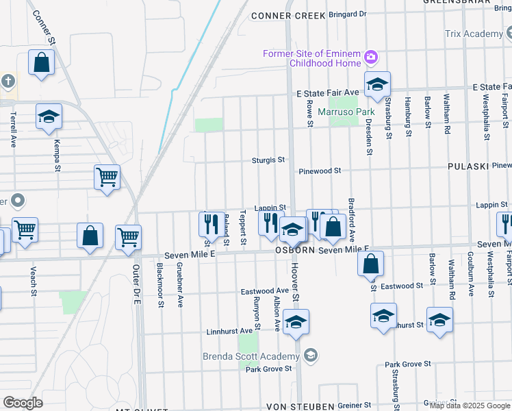 map of restaurants, bars, coffee shops, grocery stores, and more near 19307 Runyon Street in Detroit