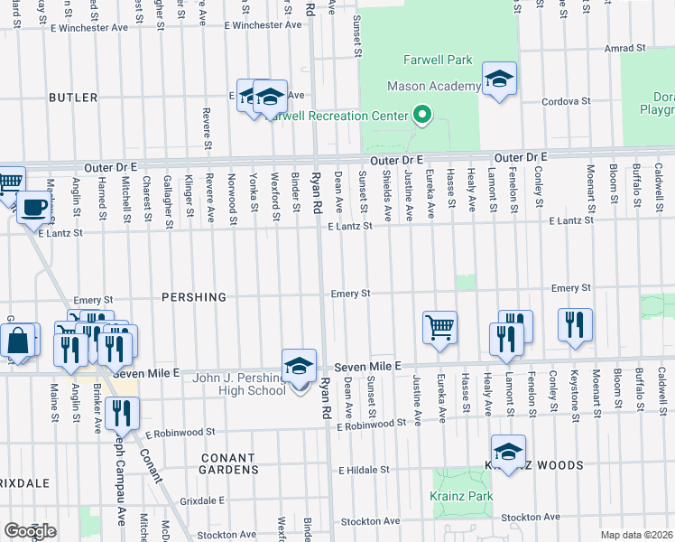 map of restaurants, bars, coffee shops, grocery stores, and more near 19351 Dean Avenue in Detroit