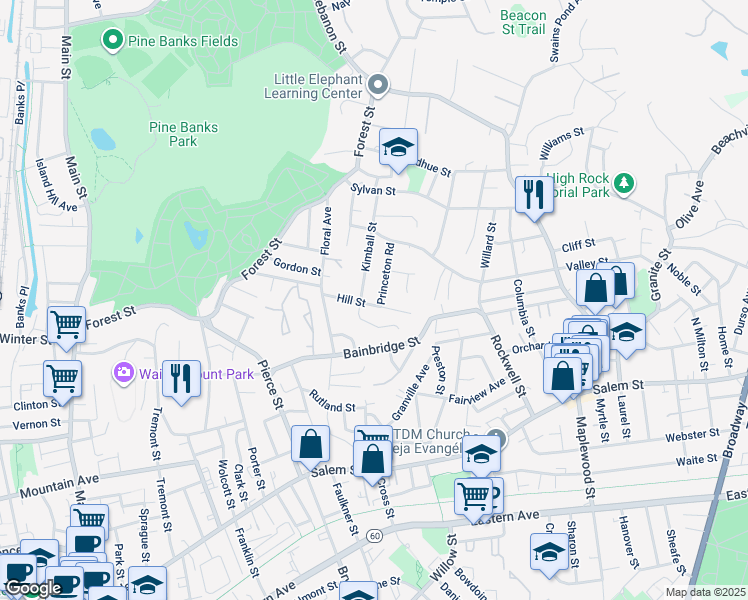 map of restaurants, bars, coffee shops, grocery stores, and more near 58 Hill Street in Malden