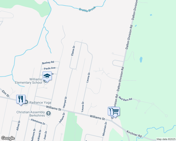 map of restaurants, bars, coffee shops, grocery stores, and more near 105 Leona Drive in Pittsfield