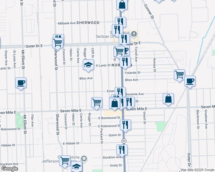 map of restaurants, bars, coffee shops, grocery stores, and more near 19335 Spencer Avenue in Detroit