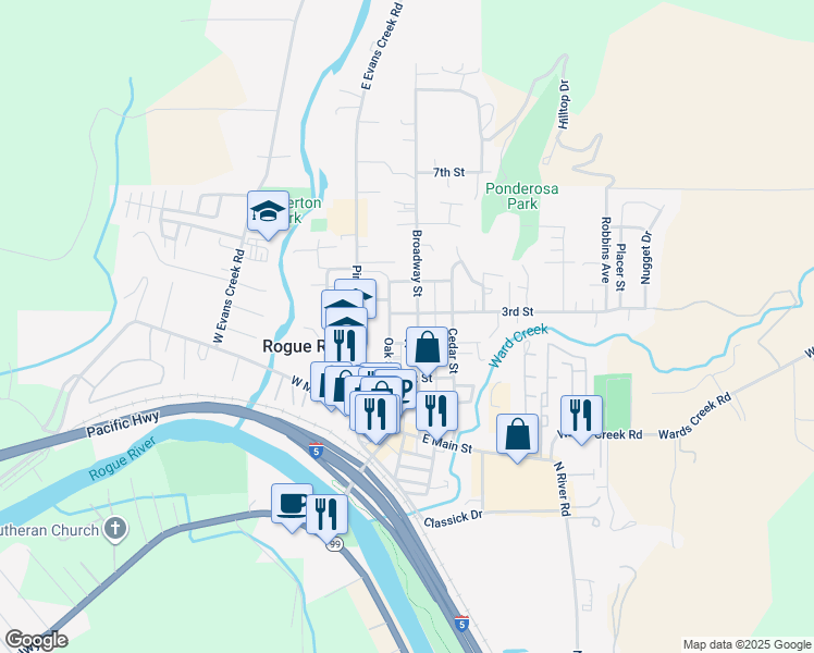 map of restaurants, bars, coffee shops, grocery stores, and more near 311 Broadway St in Rogue River