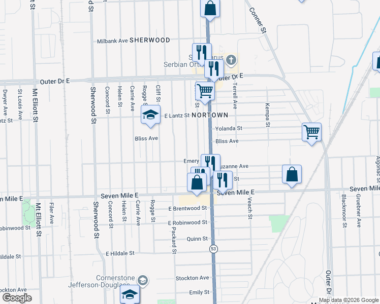 map of restaurants, bars, coffee shops, grocery stores, and more near 19335 Spencer Avenue in Detroit