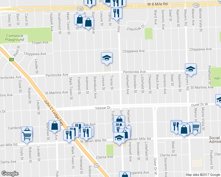 map of restaurants, bars, coffee shops, grocery stores, and more near 19701 Tracey Street in Detroit