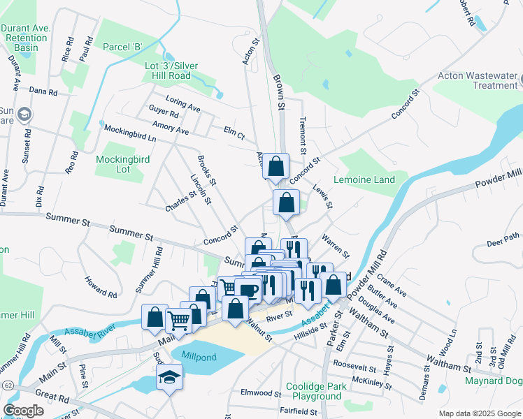 map of restaurants, bars, coffee shops, grocery stores, and more near 22 Maple Street in Maynard