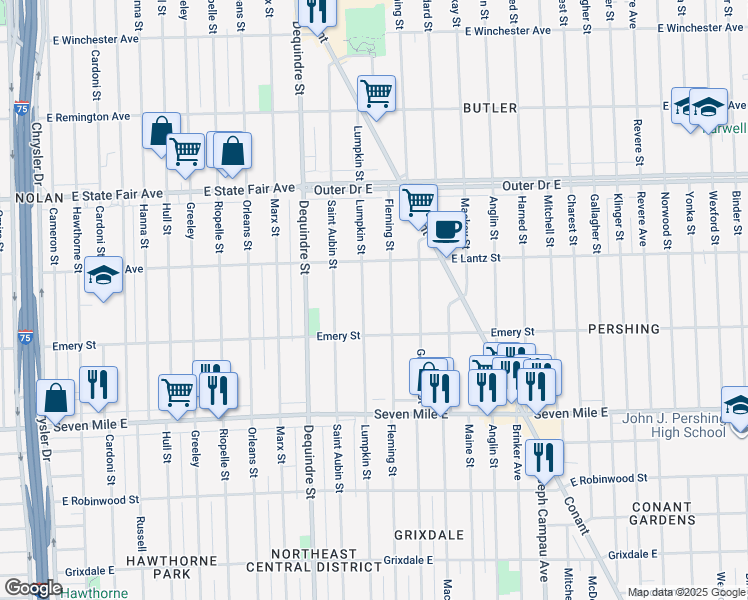 map of restaurants, bars, coffee shops, grocery stores, and more near 19376 Lumpkin Street in Detroit