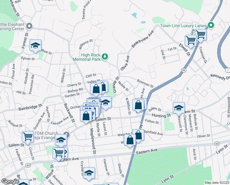 map of restaurants, bars, coffee shops, grocery stores, and more near 108 Granite Street in Malden