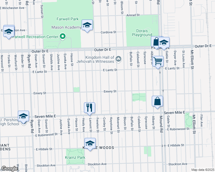 map of restaurants, bars, coffee shops, grocery stores, and more near 19339 Keystone Street in Detroit