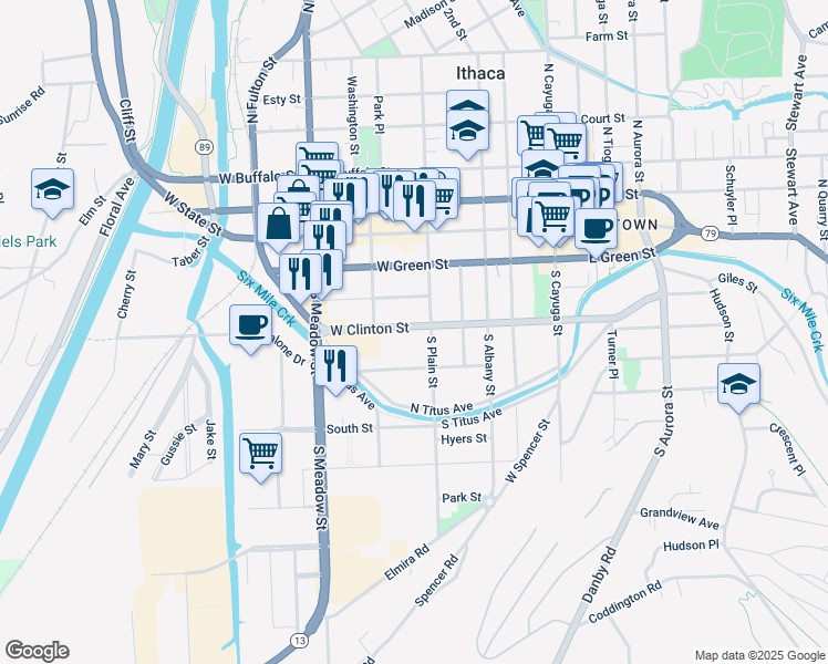 map of restaurants, bars, coffee shops, grocery stores, and more near 511 West Clinton Street in Ithaca