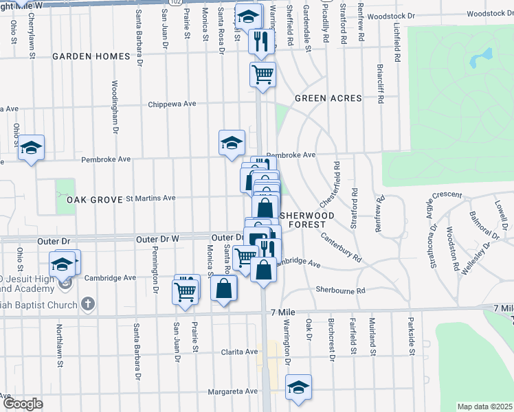 map of restaurants, bars, coffee shops, grocery stores, and more near 19489 Livernois in Detroit