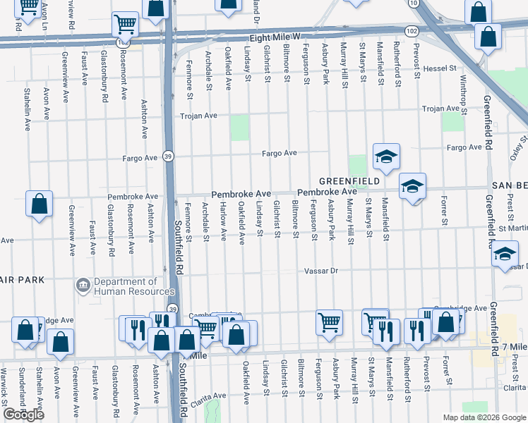 map of restaurants, bars, coffee shops, grocery stores, and more near 19768 Lindsay Street in Detroit