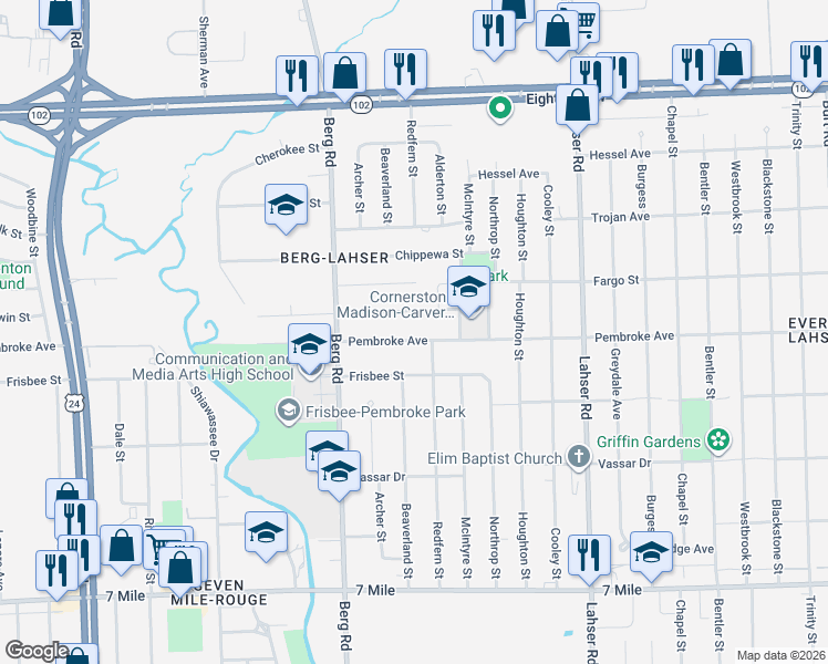 map of restaurants, bars, coffee shops, grocery stores, and more near 22530 Pembroke Avenue in Detroit