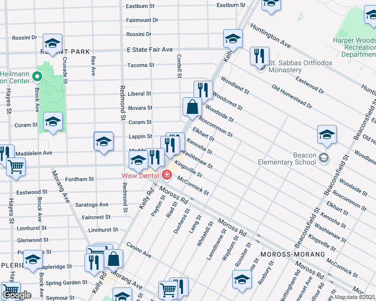 map of restaurants, bars, coffee shops, grocery stores, and more near 18557 Washtenaw Street in Harper Woods