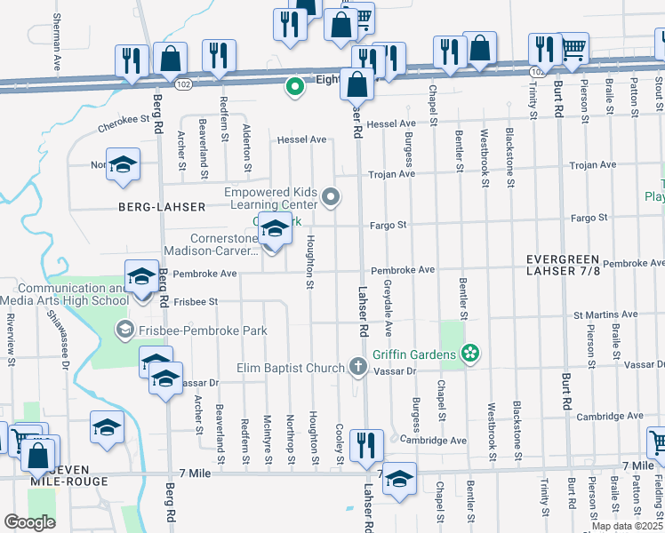 map of restaurants, bars, coffee shops, grocery stores, and more near 22100 Pembroke Avenue in Detroit