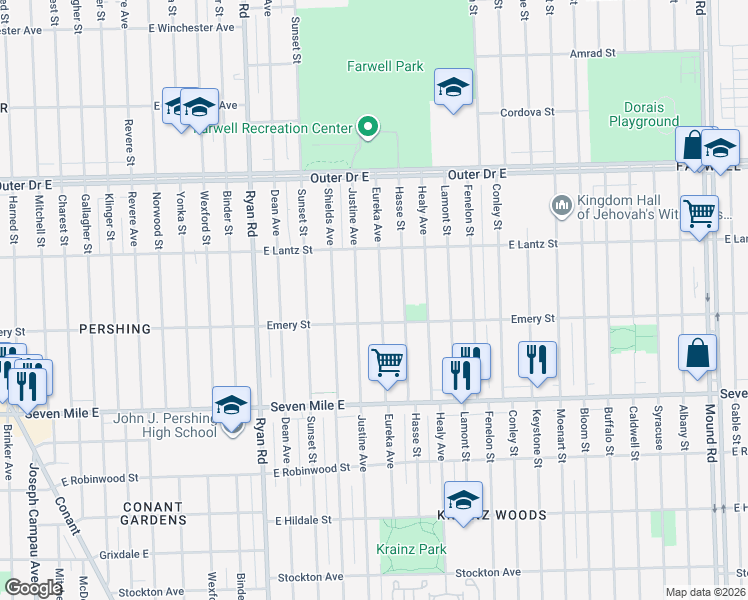 map of restaurants, bars, coffee shops, grocery stores, and more near 19351 Eureka Street in Detroit