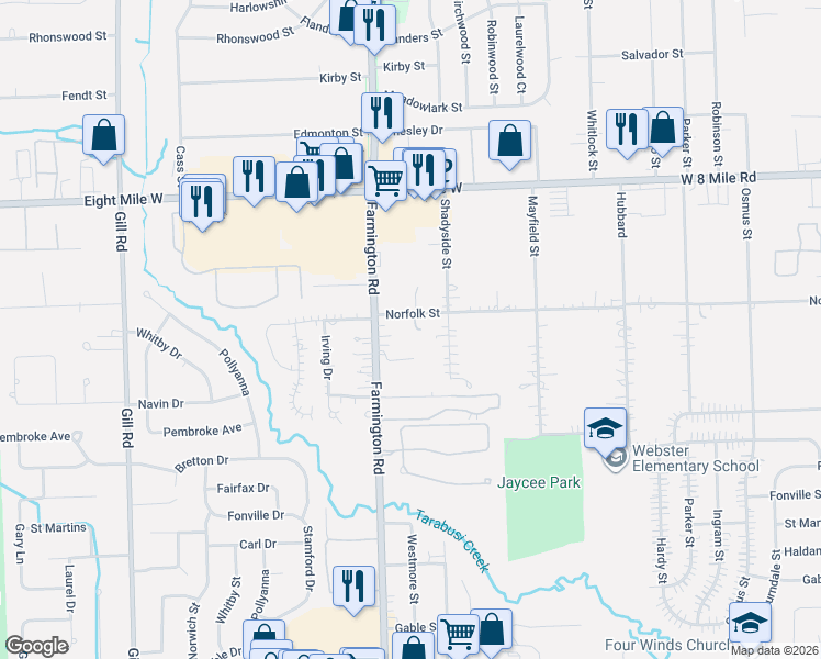 map of restaurants, bars, coffee shops, grocery stores, and more near 20108 Farmington Road in Livonia