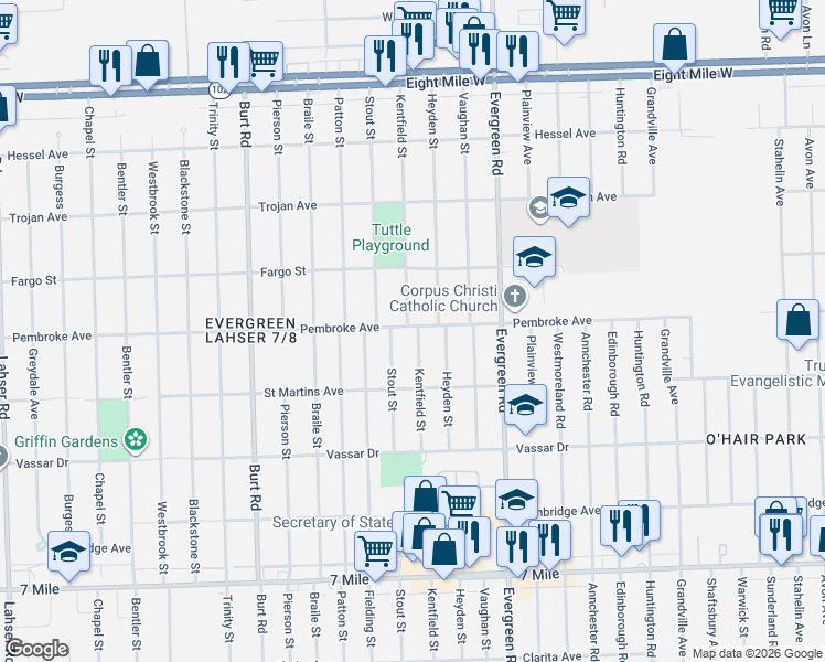 map of restaurants, bars, coffee shops, grocery stores, and more near 19817 Kentfield Street in Detroit
